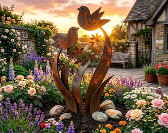 Sculpture de jardin en métal rouillé avec oiseau, ornement de pieu artistique, décoration de jardin extérieur, cadeau pour amateur d'oiseaux, pieu en métal, cadeau de pendaison de crémaillère