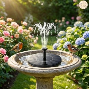 Puede incluir: Una bomba de fuente solar negra y circular se sitúa en el centro de un baño para pájaros de piedra, lanzando un chorro de agua vertical. Dos pájaros pequeños con pecho naranja y alas marrones están posados en el borde del cuenco de piedra.