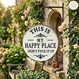 Metalowy znak "To moje szczęśliwe miejsce", zabawna, sarkastyczna dekoracja ścienna "Happy Place", retro tabliczka ogrodowa, prezent dla przyjaciela, boho kwiatowa tabliczka