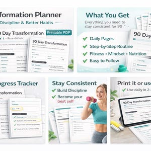 Könnte beinhalten: Ein digitaler 90-Tage-Transformationsplaner mit dem Text "Transformation Planner" und "Build Discipline & Better Habits". Der Planer enthält tägliche Seiten, Schritt-für-Schritt-Routinen sowie Fitness-, Mindset- und Ernährungsanleitungen.