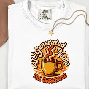 Könnte beinhalten: Weißes T-Shirt mit einer Grafik einer Kaffeetasse und dem Text "A.I. Generated Name, The Chosen One". Eine goldene Halskette mit Sternanhänger liegt auf dem Shirt. Größe XL.