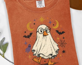 Cute Vintage Halloween Goose Ghost Comfort Colors Tee Retro Bats