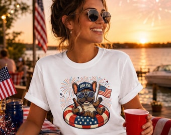 Comfort Colorsの愛国的なフレンチブルドッグシャツ、アメリカ建国250周年記念Tシャツ、7月4日の衣装