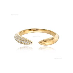 Half Pave Diamond Claw Ring 14K Real Gold Open Cuff Ring Round Cut Lab Created Diamond Stackable Ring Minimalist Sparkle Bridal Stack Ring