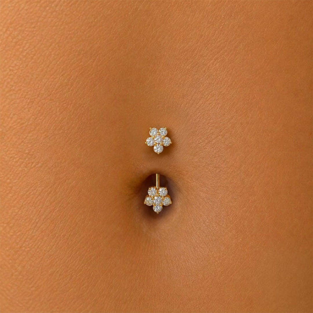 Round Diamond Two Flower Belly Button Ring 14k Real Gold Lab Grown ...