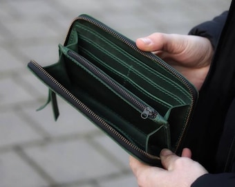 Custom Leather Wallet for Men, Engraved Zipper Wallet Gift, Long Bifold Travel Organizer Purse