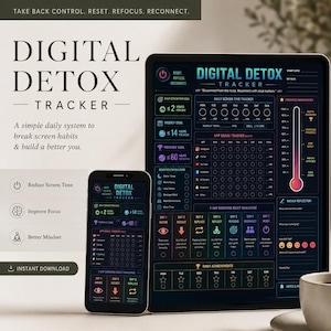 Agenda numérique de désintoxication imprimable avec écran Time Tracker, défi de réinitialisation de la dopamine et objectifs d'habitudes