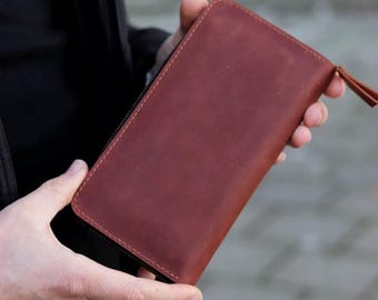 Leather Long Wallet for Men Handmade Full Grain Zipper Wallet Slim Minimalist Organizer