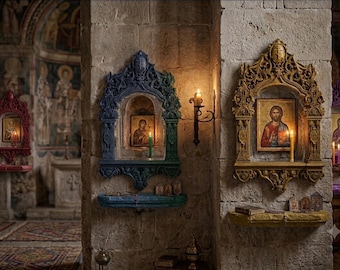 Może przedstawiać: Seria ozdobnych, montowanych na ścianie kapliczek w kolorach czerwonym, niebieskim, złotym i fioletowym, z których każda zawiera ikonę religijną. Te dekoracyjne ramy mają misterne rzeźbienia i małe półki z zapalonymi świecami na kamiennej ścianie.