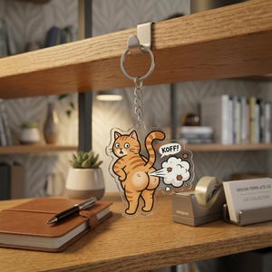 May include: A clear acrylic keychain featuring a cartoon orange tabby cat with a surprised expression, emitting a cloud of gas with the word "KOFF!" The keychain hangs from a silver metal hook.
