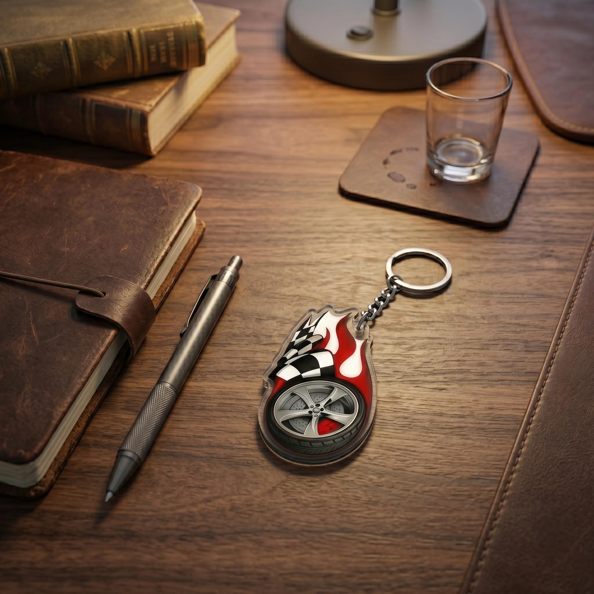 Racing Wheel Keychain, Fire & Checkered Flag Car Charm, Gearhead Gift ...