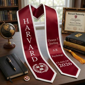 Könnte beinhalten: Eine bordeauxfarbene Harvard-Abschluss-Schärpe mit weißen Verzierungen und Schrift. Die Schärpe zeigt das Wort "HARVARD" vertikal, das Siegel der Harvard University sowie den Namen, den Abschluss und das Abschlussjahr des Absolventen.