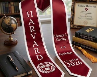 Benutzerdefinierte Standard-Stola für die Abschlussfeier der Hacker-Schule. Schärpe 2026, Crimson White Veritas Emblem, Ivy League Senior Geschenk