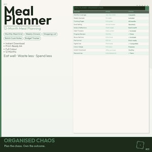 Pianificatore dei pasti di 12 mesi / Pianificazione settimanale dei pasti, lista della spesa (download in formato PDF A4)