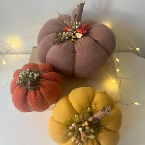 May include: Three fabric pumpkins in mauve, orange, and yellow, each topped with a wooden stem, dried floral accents, and moss. The mauve pumpkin features a small bee charm. The pumpkins are arranged on a light-coloured surface with string lights.