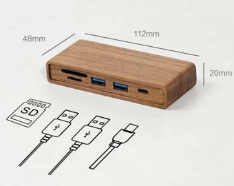 Handcrafted walnut 5-in-1 USB hub | Desk mounted multiport with SD/TF reader & usb ports