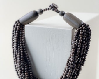 Anne B. / Multi Strand Natural Grey Wood Statement Necklace / Handmade Custom Jewelry Necklace