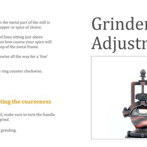 May include: A close-up of a vintage-style manual grinder with a copper and black finish. The grinder has a crank handle and a ring for adjusting the coarseness of the grind. The text "Grinder Adjustment" is visible on the image.
