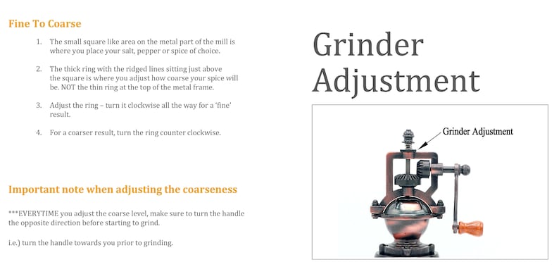 May include: A close-up of a vintage-style manual grinder with a copper and black finish. The grinder has a crank handle and a ring for adjusting the coarseness of the grind. The text "Grinder Adjustment" is visible on the image.