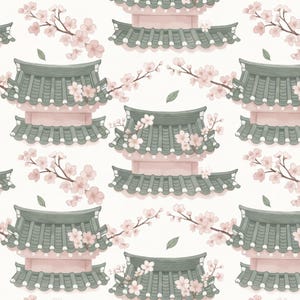 May include: A repeating pattern featuring stylized Korean pagodas with green tiled roofs and pink walls. Delicate pink cherry blossom branches and green leaves are interspersed throughout the design, set against a cream background.