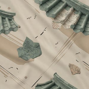 Może przedstawiać: Abstrakcyjny wzór z elementami tradycyjnej architektury azjatyckiej. Projekt zawiera fragmenty turkusowego dachu, dekoracyjne motywy kwiatowe i linie w stylu pociągnięć pędzla w odcieniach beżu i czerni, tworząc teksturowaną, artystyczną estetykę.