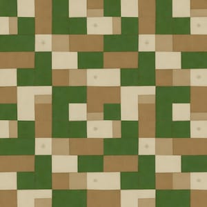 May include: A repeating pattern of stitched squares in shades of green, tan, and cream. The design features a patchwork aesthetic with small star-like details at the intersections of some squares. The overall effect is a textured, geometric design.