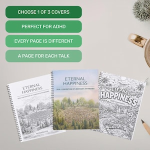 May include: Three spiral-bound workbooks with the title "Eternal Happiness" and the text "2026 Convention of Jehovah's Witnesses." The covers feature different illustrations, including a landscape and a detailed black and white drawing. The text "Choose 1 of 3 Covers" is visible.