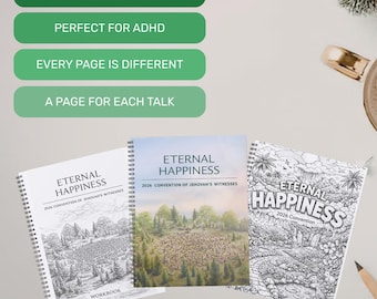 Può includere: Tre quaderni a spirale con il titolo "Eternal Happiness" e il testo "2026 Convention of Jehovah's Witnesses". Le copertine presentano diverse illustrazioni, tra cui un paesaggio e un disegno dettagliato in bianco e nero. Il testo "Scegli 1 di 3 copertine" è visibile.