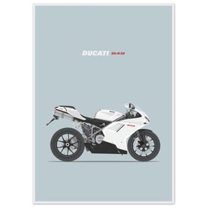 May include: A digital art print featuring a white Ducati 848 motorcycle in profile against a light blue background. The text DUCATI 848 is printed in red and white above the motorcycle, with the model number 848 also visible on the fairing.