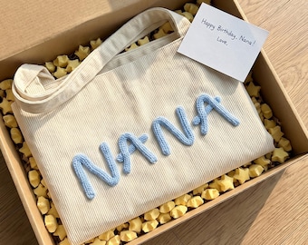 Bolso de pana personalizado, bolso tote suave bordado, bolso con nombre personalizado, accesorio reutilizable y original para regalos de cumpleaños.