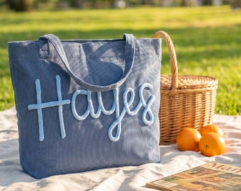 Bolso de pana bordado a medida, bolso de mano vintage con nombre, bolso de mano duradero y reutilizable para picnics y viajes al aire libre.