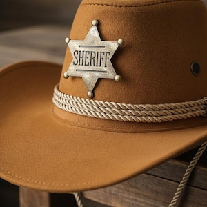 May include: A brown cowboy hat with a Sheriff badge. The hat has a rope band and a chin strap. The Sheriff badge is a star shape with the word "SHERIFF" in the center. The hat is made of felt.