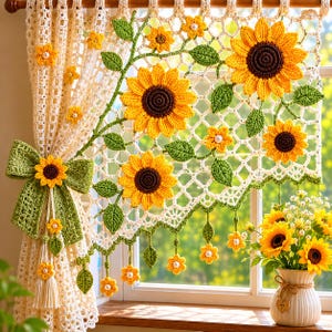 May include: Crocheted window curtain featuring a sunflower design. The curtain is cream-colored with yellow sunflowers, green leaves, and a green bow. A vase of sunflowers sits on the windowsill. The curtain is approximately 60 inches wide.