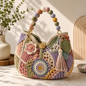 May include: A crochet handbag featuring a patchwork of floral and geometric motifs in pastel pink, lavender, sage green, and yellow. The bag has a handle made of large, multicoloured wooden beads and a decorative tassel with a green leaf charm.