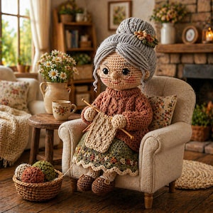 May include: A handmade crochet doll of a grandmother figure, seated in a cozy armchair. The doll wears glasses, a sweater, and a skirt, and is knitting. A basket of yarn balls sits nearby. The scene evokes a sense of warmth and domesticity.
