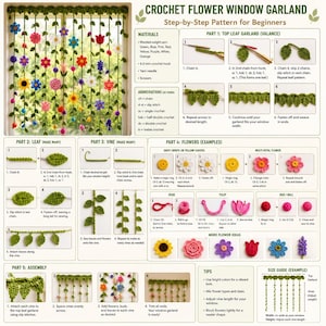 May include: A crochet flower window garland pattern for beginners. The step-by-step guide includes instructions for making leaves, vines, and various flower types. The finished product is a colorful window decoration.