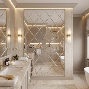 May include: A luxurious bathroom with a large, diamond-patterned mirror as a focal point. The space features a double vanity with marble countertops, gold fixtures, and sconces. A freestanding bathtub is visible in the background, creating a spa-like atmosphere.