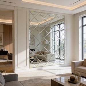 Statement Living Room Mirror 55x67 in, Personalized Irregular Mosaic Design with Decorative Frameless Finish
