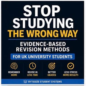May include: A dark blue educational graphic with white and yellow text reading STOP STUDYING THE WRONG WAY, EVIDENCE-BASED REVISION METHODS FOR UK UNIVERSITY STUDENTS. Includes four yellow icons representing a brain, clock, target, and checkmark.