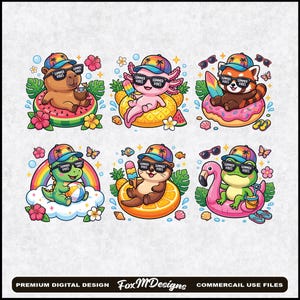 Summer Vibes PNG Bundle, Cute Animal Pool Float Clipart, Capybara Axolotl Dinosaur Sublimation, Kids Beach Vacation Digital Download