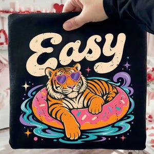 Easy Summer Tiger PNG Design, Retro Pool Float Clipart, Cute Donut Tube Animal Sublimation, Vacation Shirt Graphic for Beach PNG