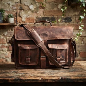 Könnte beinhalten: Eine braune Ledertasche mit einem Tragegriff, einem breiten, verstellbaren Schultergurt mit Polsterung und zwei Vordertaschen mit Schnallenverschlüssen. Die Tasche hat einen Überschlag, der mit einem mittigen Schnallenriemen gesichert wird.
