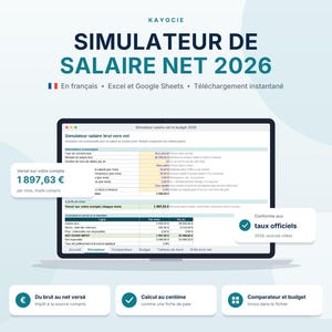 Peut inclure: Un simulateur de salaire net 2026 numérique affiché sur un écran d'ordinateur portable. L'interface présente des données financières, des calculs d'impôts et des tableaux budgétaires. Texte inclus : SIMULATEUR DE SALAIRE NET 2026 et taux officiels.
