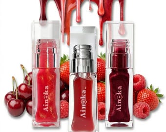 Handmade Lip Gloss Trio - Red and Pink Tinted Gloss Set - Shimmery Non-Sticky Lip Oil - Vegan Cosmetics Gift - Glossy Care Collection