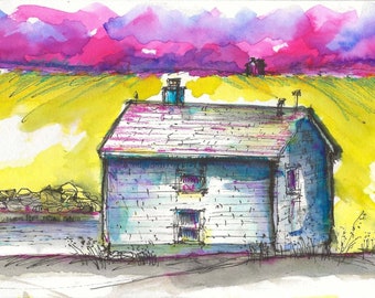 Monhegan Cottage 2 : Mixed Media Sketch Painting