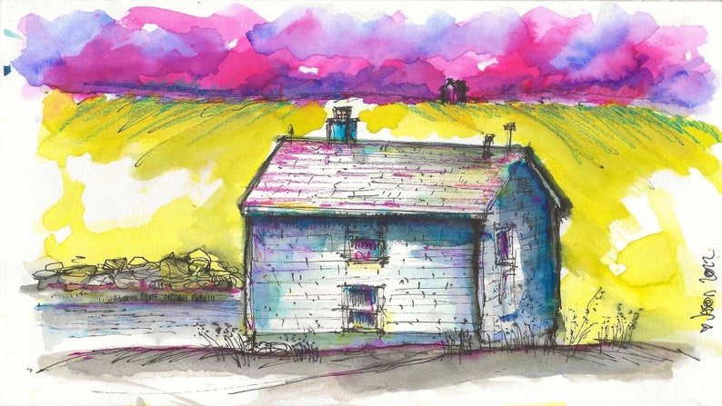 Monhegan Cottage 2 : Mixed Media Sketch Painting image 1