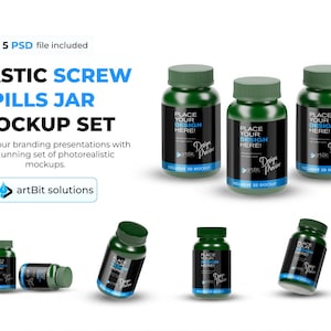 May include: A mockup set of green plastic screw-top pill jars. The jars have black labels with white text and blue accents. The text "PLACE YOUR DESIGN HERE!" is visible on the labels. The image also includes the text "PLASTIC SCREW PILLS JAR MOCKUP SET".