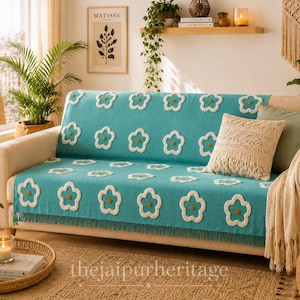 Turquoise bloemenprint bankhoes, handgemaakte katoenen bankhoes, boho bankbeschermer, bankhoes, woonkamerdecoratie, landelijke bankhoes
