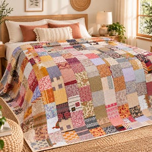 Op de afbeelding: Een rechthoekige patchwork quilt met een verscheidenheid aan stoffen vierkanten in diverse kleuren, waaronder tinten roze, geel, blauw, oranje en bruin. De quilt toont een assortiment van bloemrijke, geometrische en effen patronen die aan elkaar zijn genaaid.