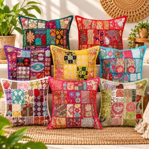 パッチワーククッションカバー 16x16、インド刺繍枕、装飾的なボヘミアン風クッションカバー、カンバディヤパッチワーク、手作りパッチワーク枕